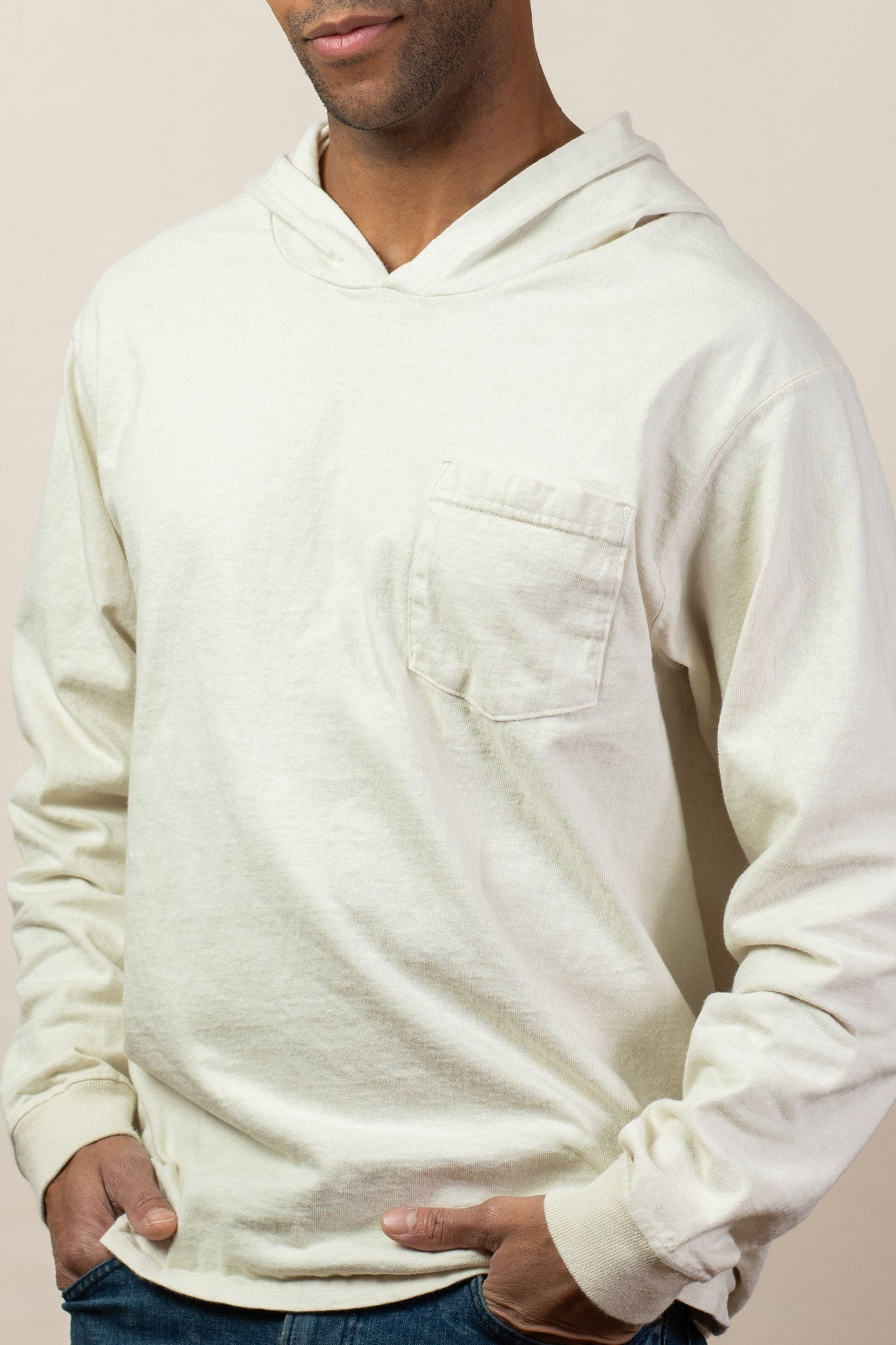 Adult Long Sleeve Jersey Hoodie Pkt Tee CREAM / S