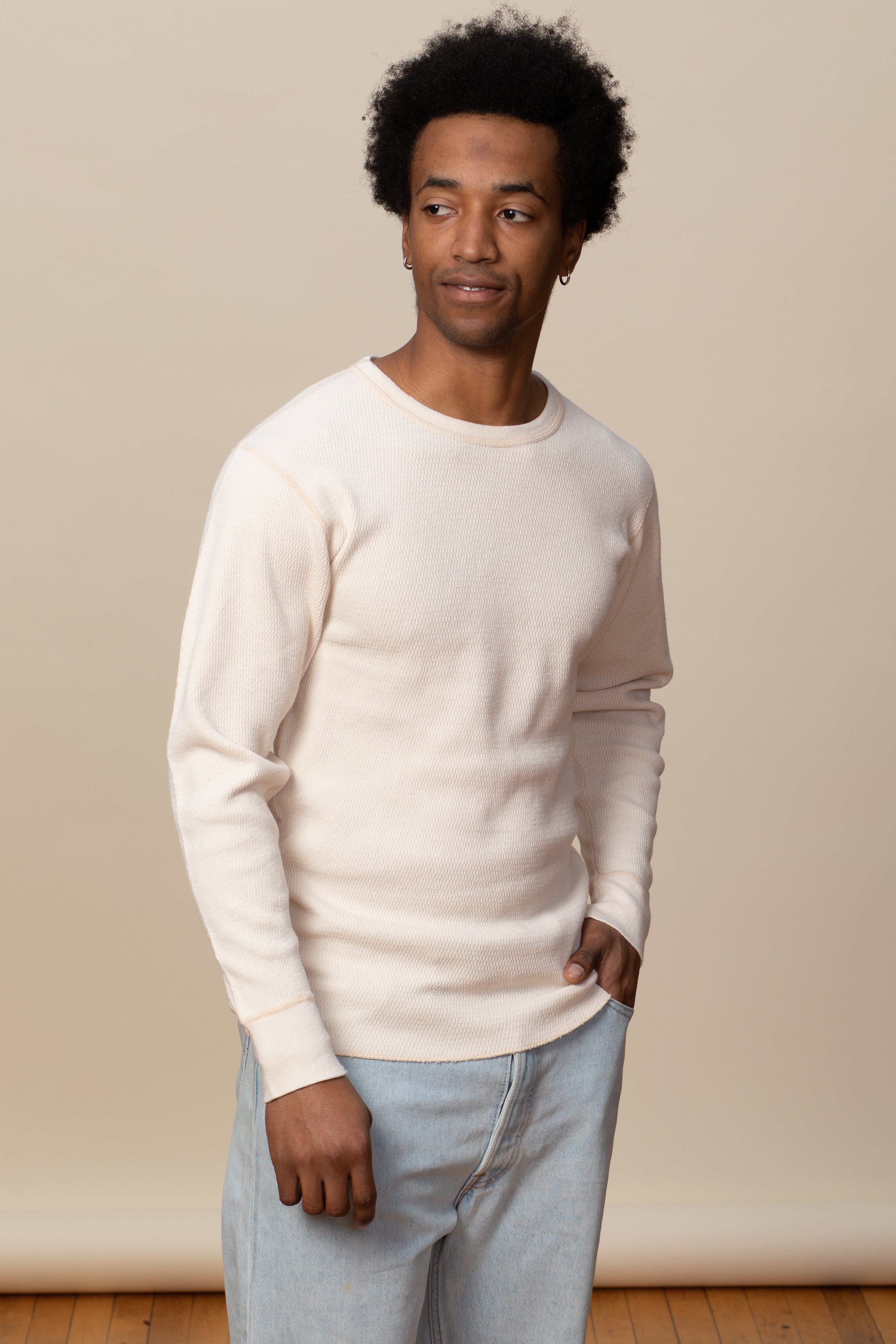 Shop Ribbed Thermal T-Shirt with Round Neck and Long Sleeves